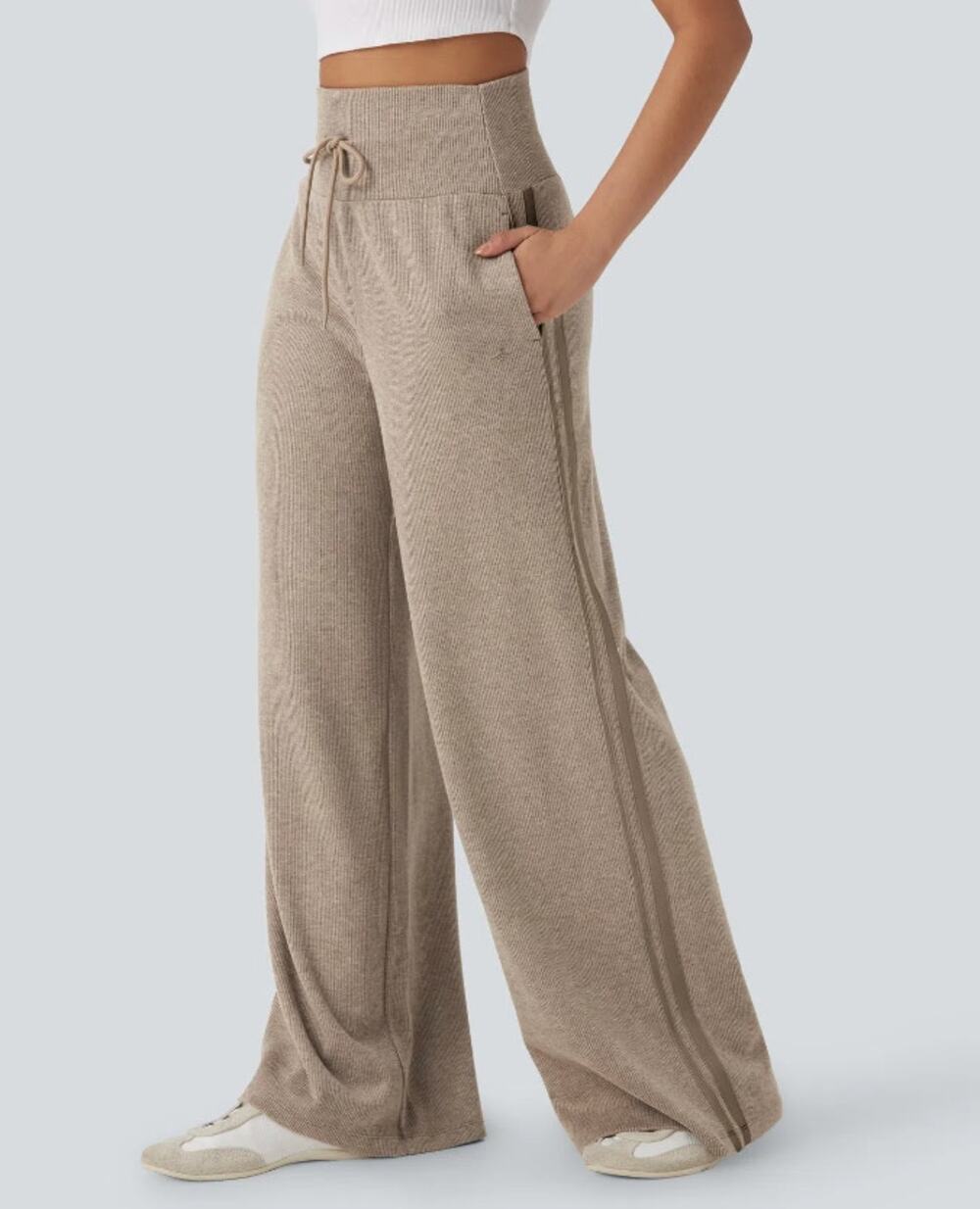 NWOT Halara Women's Ribbed High Waisted Wide Leg Pants Oatstone Beige Size XS